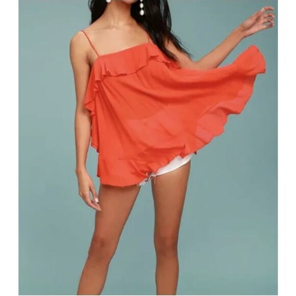 New NWT Free People OB637353 Cascades Cami Ruffle Spaghetti Strap Fire Orange - Picture 1 of 11